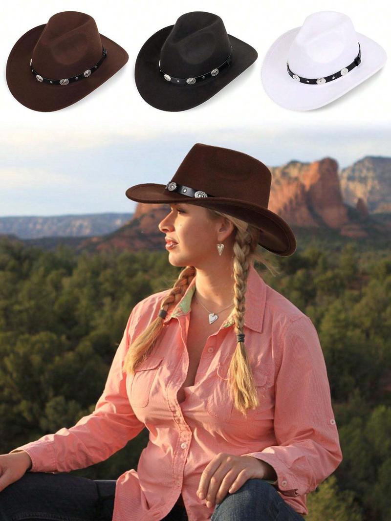 Western Cowboy Cowgirl Hat Wide Brim Classic Fedora Hat With Buckle Belt For Women Men