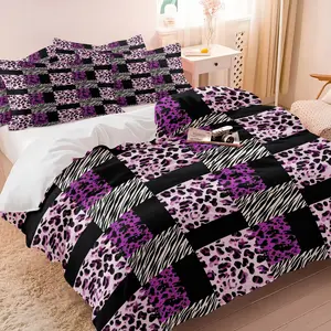 Purple Leopard & Zebra Print Patchwork Bedding Set, 1 Duvet Cover + 1/2 Pillowcases, No Core, HD Vivid Print, Mixed Animal Print Block Design, Skin Friendly Bedding for Edgy & Stylish Room Decor