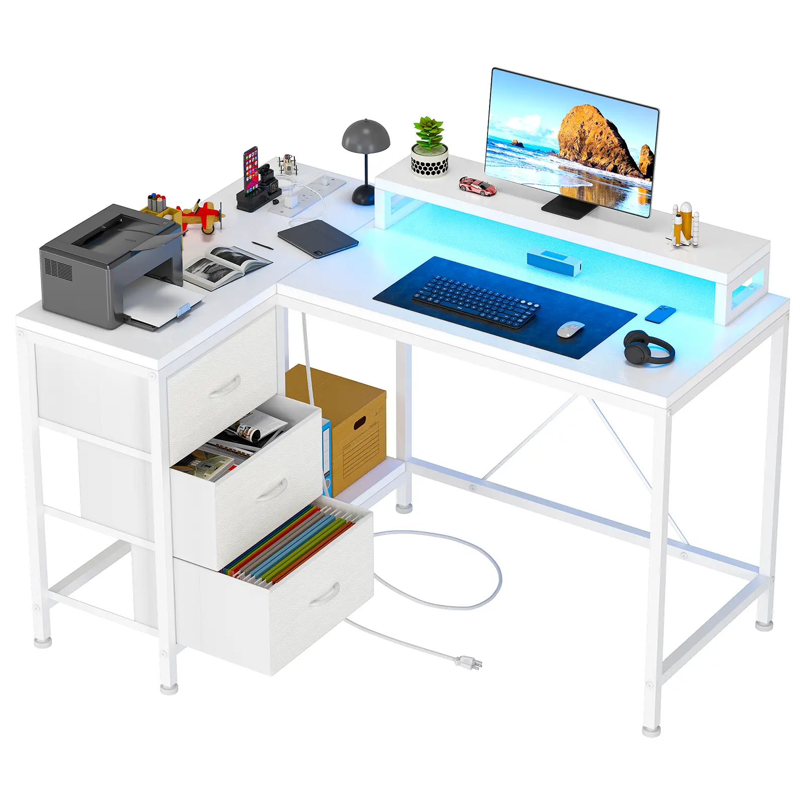 Modern White Ironwood L-Shaped Office Desk with Tiger Stripes & Black Willow Accents, 3 Drawers, Storage, Power Outlets, LED Lights for Home Office, Dorm Rooms, Gaming Use, L Shaped Desks, Pc Table, Gaming Computer Desk