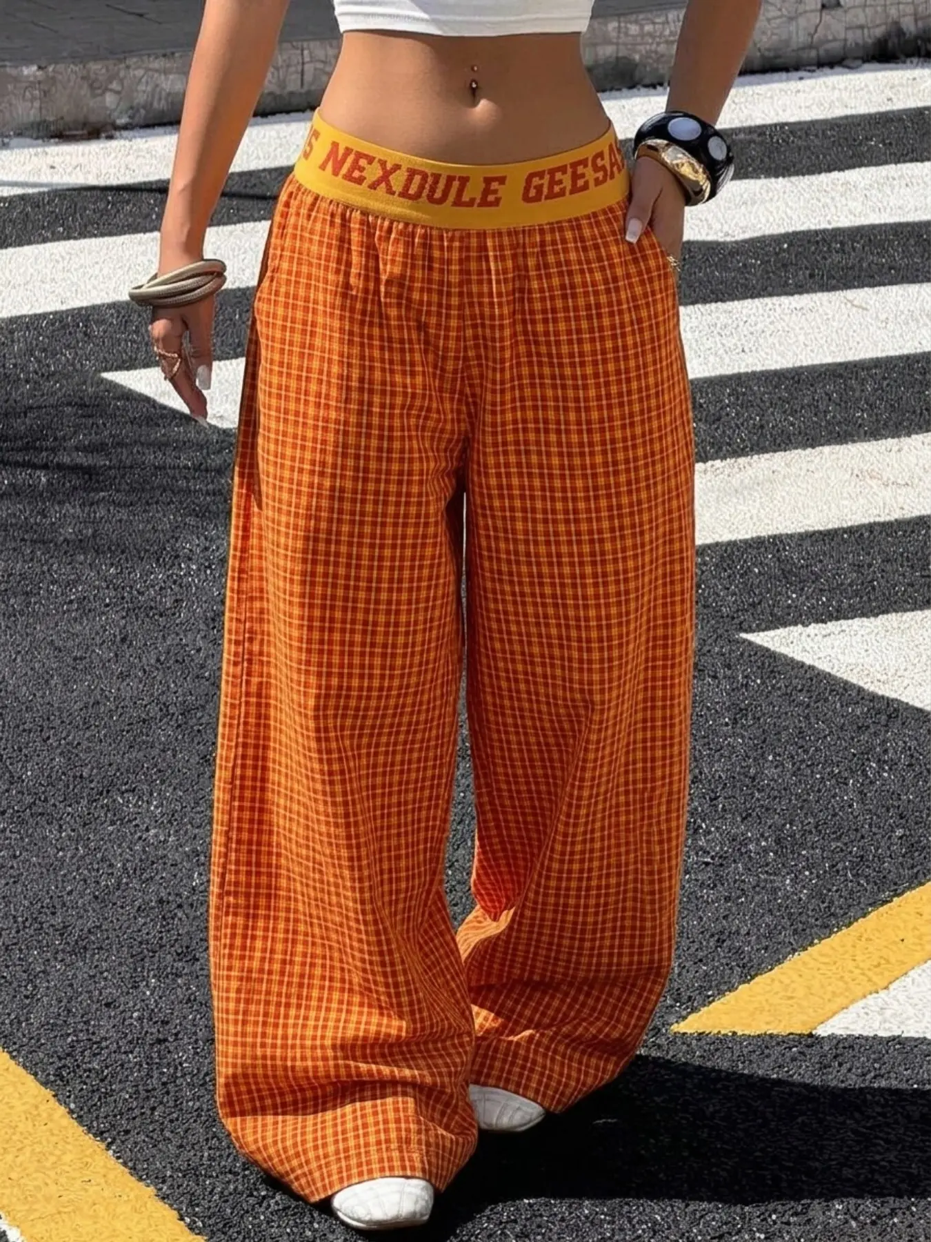 Women Y2K Dopamine Palazzo Pants Orange Tiny Check Plaid Fabric Bright Yellow Elastic Waistband With Red Letter Print Oversized Flowy Wide Leg Floor-Length Trousers With Side Pockets Street Hip Hop Daily Bottoms