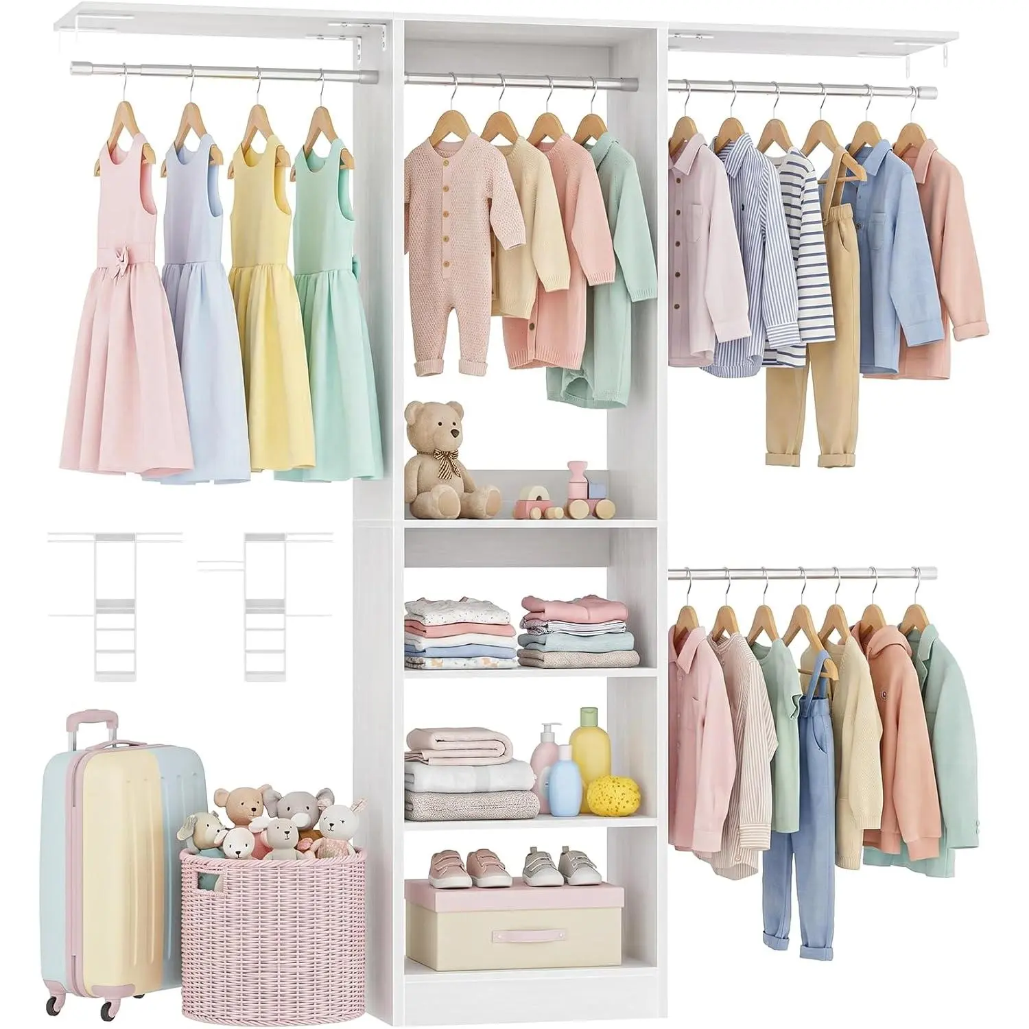 48" Small Closet System, Space-Saving Wall-Mounted Wardrobe Organizer, Mini Garment Rack for Narrow Spaces, Morning Outfit Prep Station &  Dress-up Storage, White