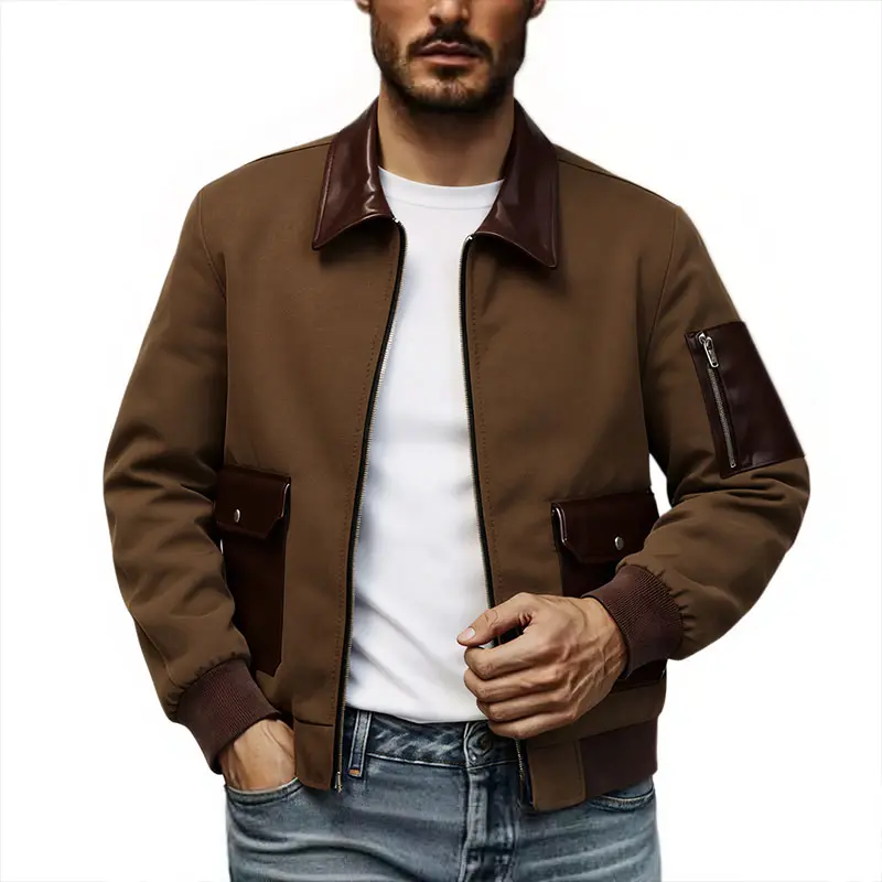 Men's Suede Bomber Jacket Leather Collar Multi Pocket Zip Casual Street Outerwear