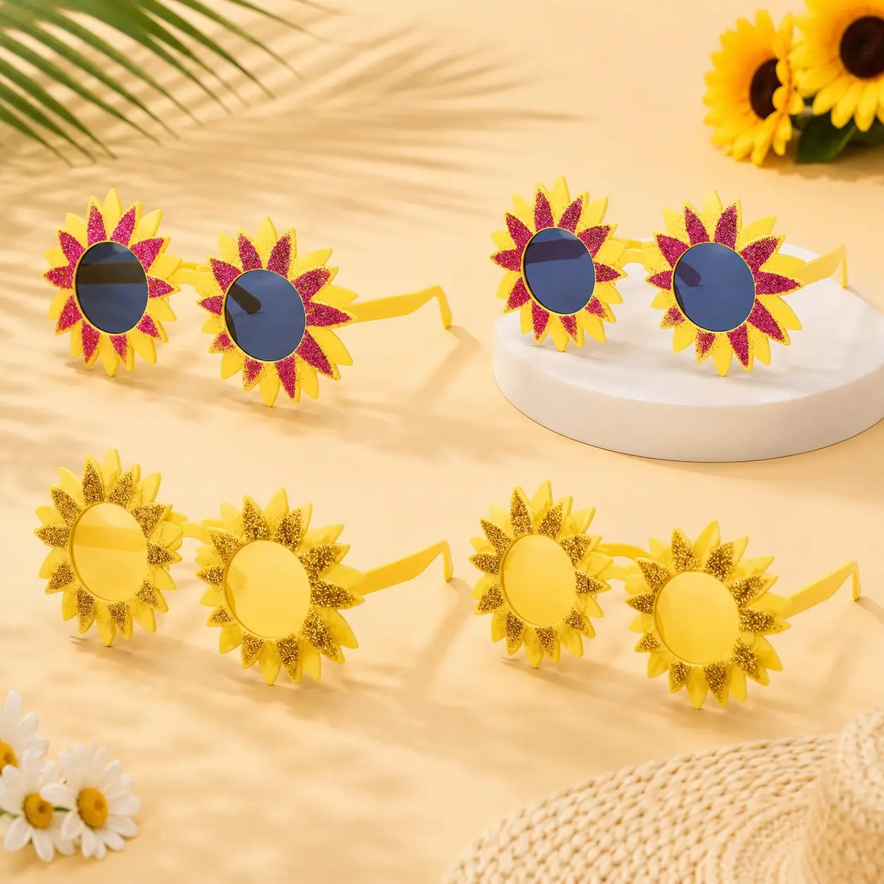 4 Pcs Glitter Daisy Party Glasses, Creative Fun Daisy Shape Eyewear, Party Accessories, Perfect for Beach Parties, Birthday Parties, Various Event Decorations