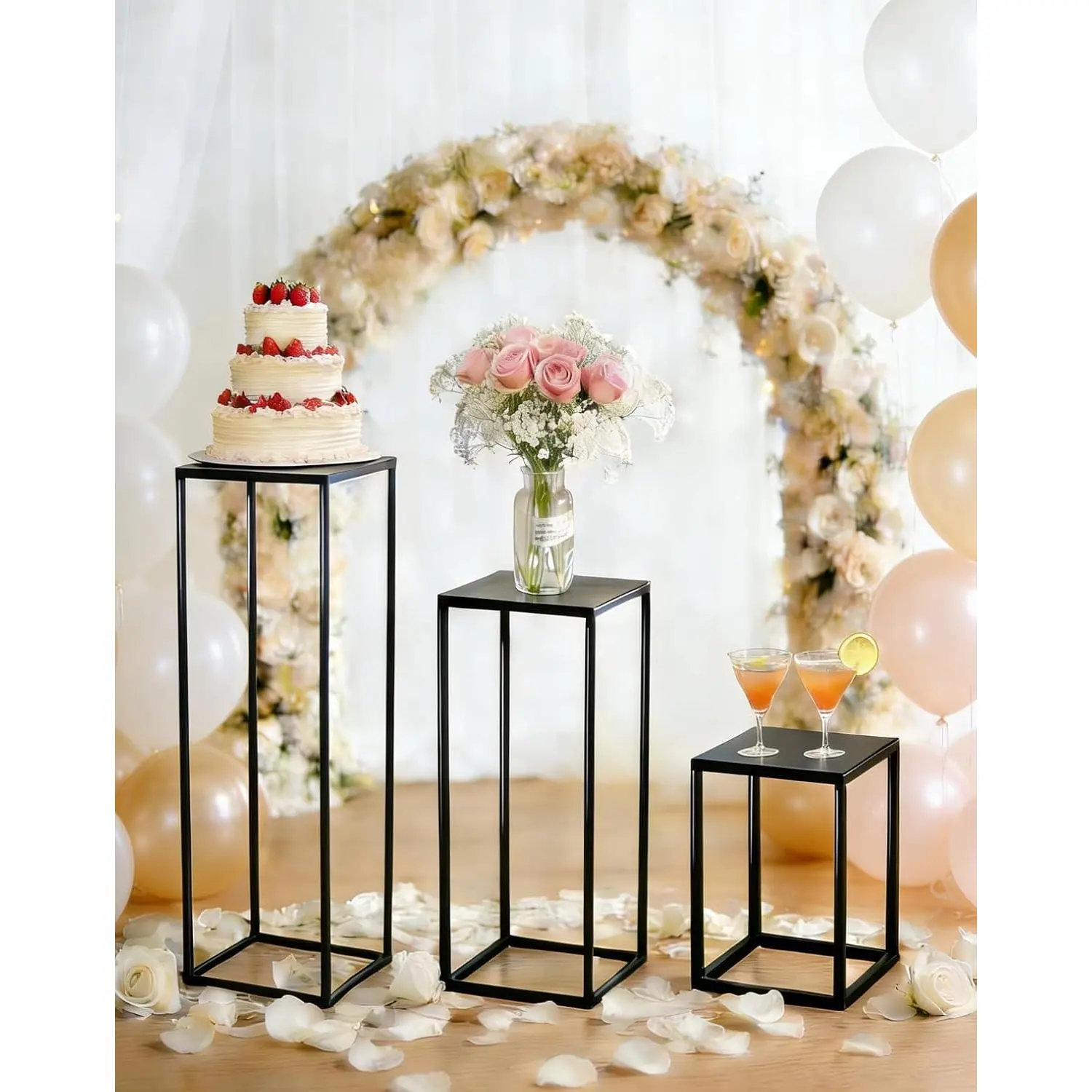 Three-Piece Set 15.7"/23.6"/31.5" Tall Black Cylinder Pedestal Cake Stands for Indoor Outdoor Party