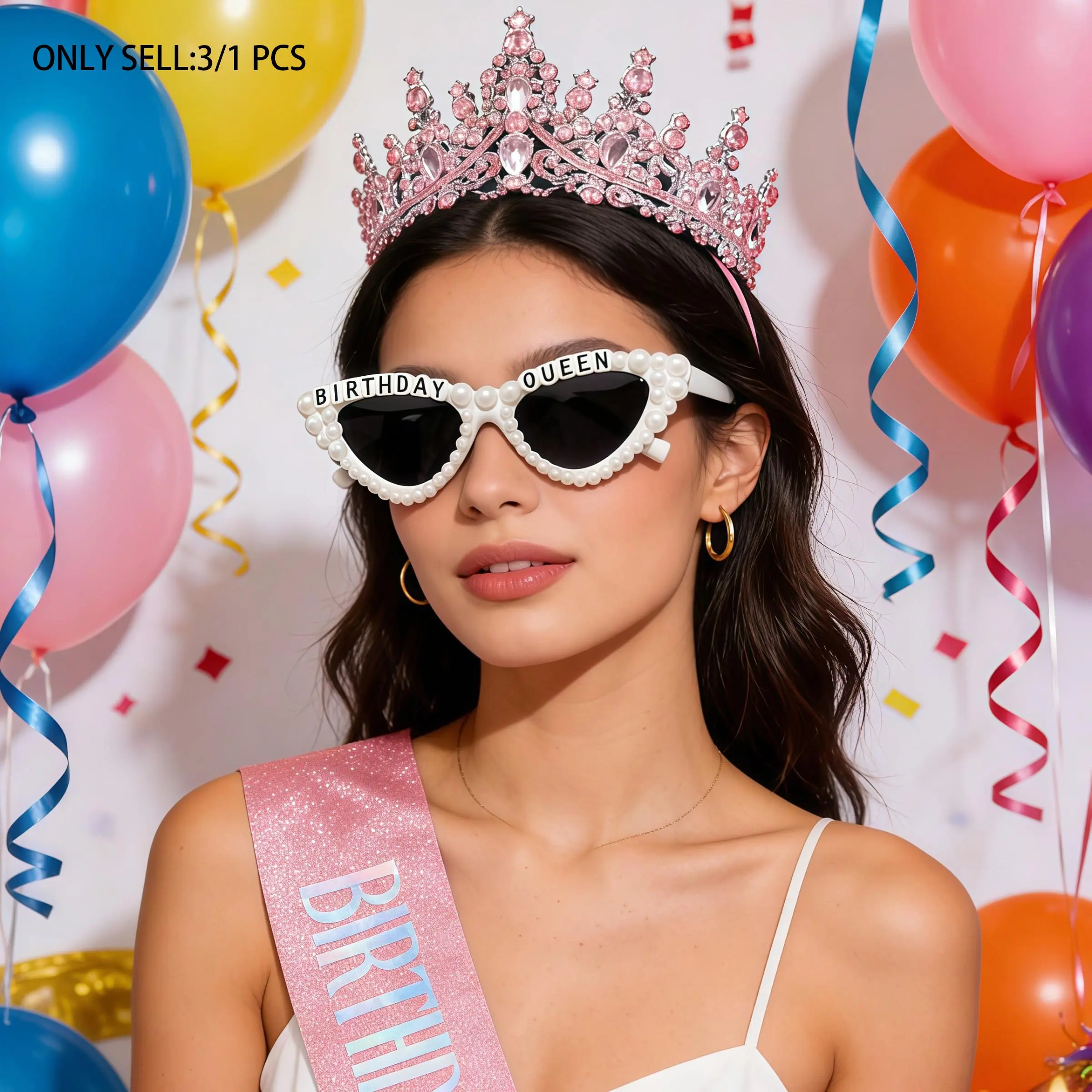 3/1 pcs-Women's Birthday Jewelry Set, Includes Waist Belt, Crown, Glasses, Suitable for wearing at birthday parties, a fashionable and dazzling birthday party gift, Party Accessories