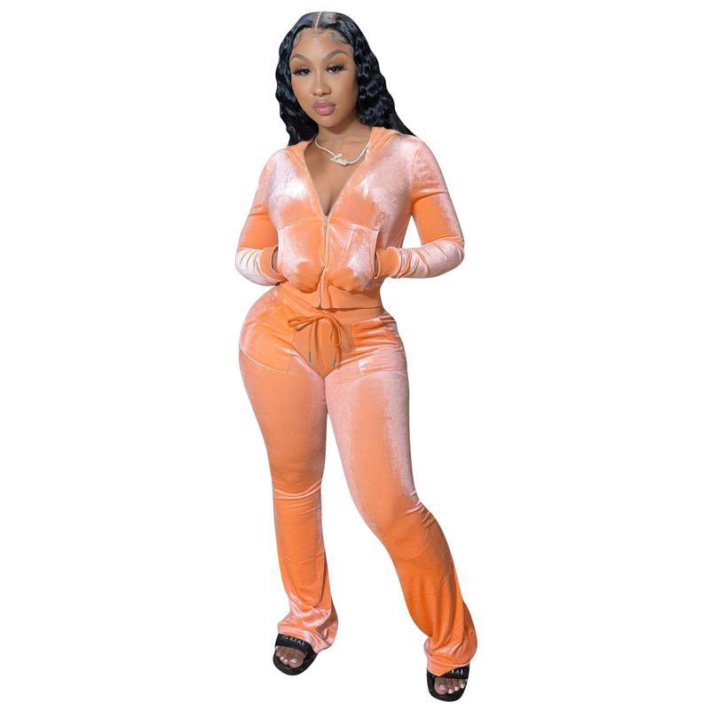 Women Autumn Two Piece Outfits 2 Piece Velour Tracksuit Sweatsuits Zip Up Hooded Jacket Flared Pants Jogger Sets
