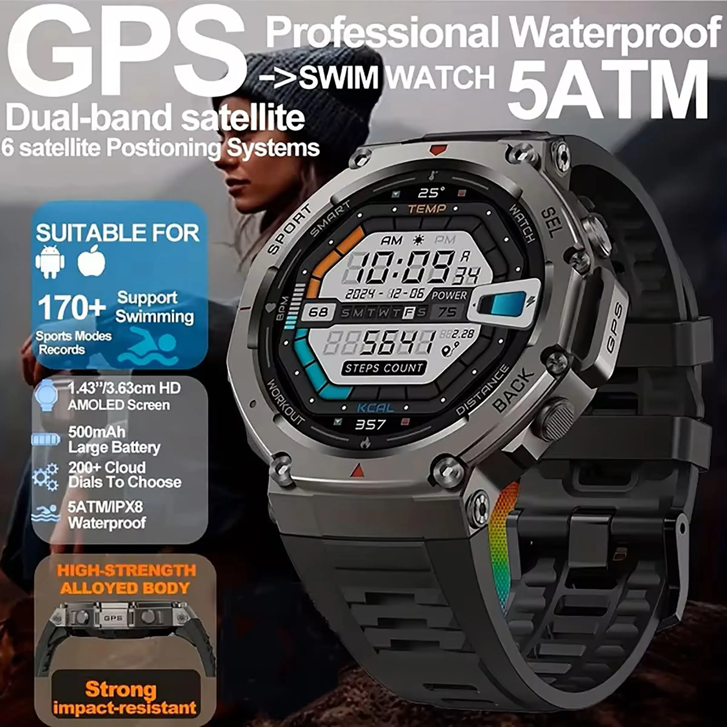 New Smartwatch Dual Band GPS Military Watch, 1.43inch Screen, 5atm Water Resistant, 500mah Battery, Bluetooth-compatible, Android Compatible