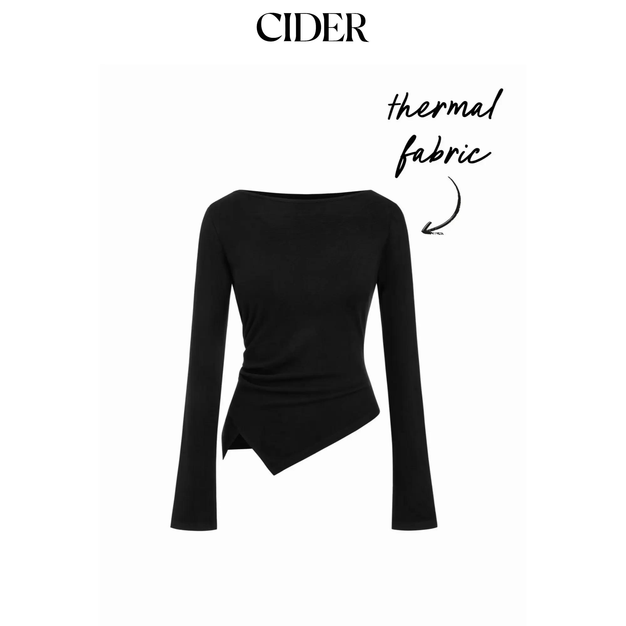 Cider Women's Cotton-Blend Long Sleeve Tee, Boat Neck, Ruched Design, Asymmetrical Hem SummerFinds
