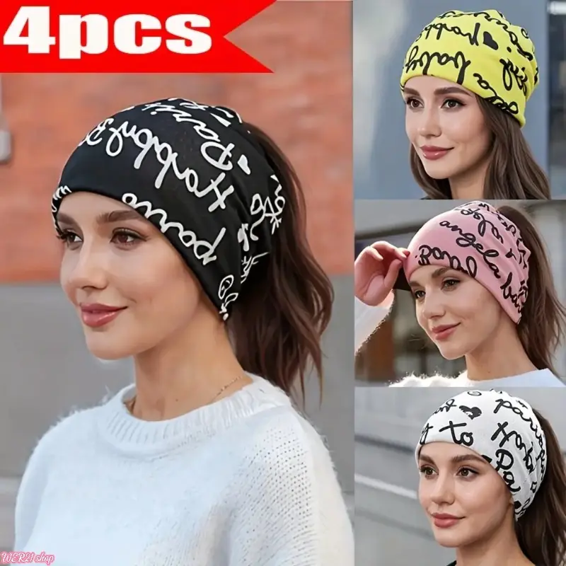 2026Women's 4pcs Skullcap Set Hats - Autumn Winter Warm Elastic Fabric Brimless Beanies, Lightweight Stretch-Fit Multi-Functional Chemotherapy Cap & Neck Cover