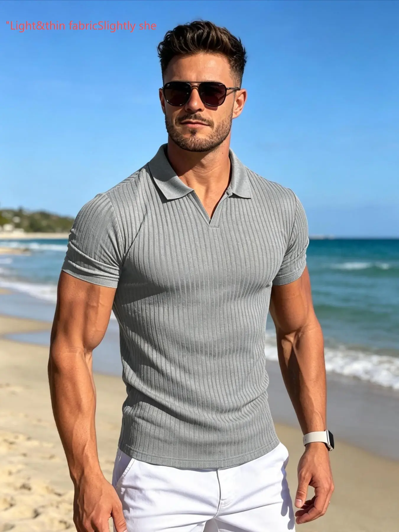 Men's Ribbed Knit V-Neck Classic Polo Shirt, Casual Tropical Short Sleeve Top, Slim-Fitting, Long Length, Ideal for Golf, Office, Daily Wear, Casual Polo Shirts, Summer Polos