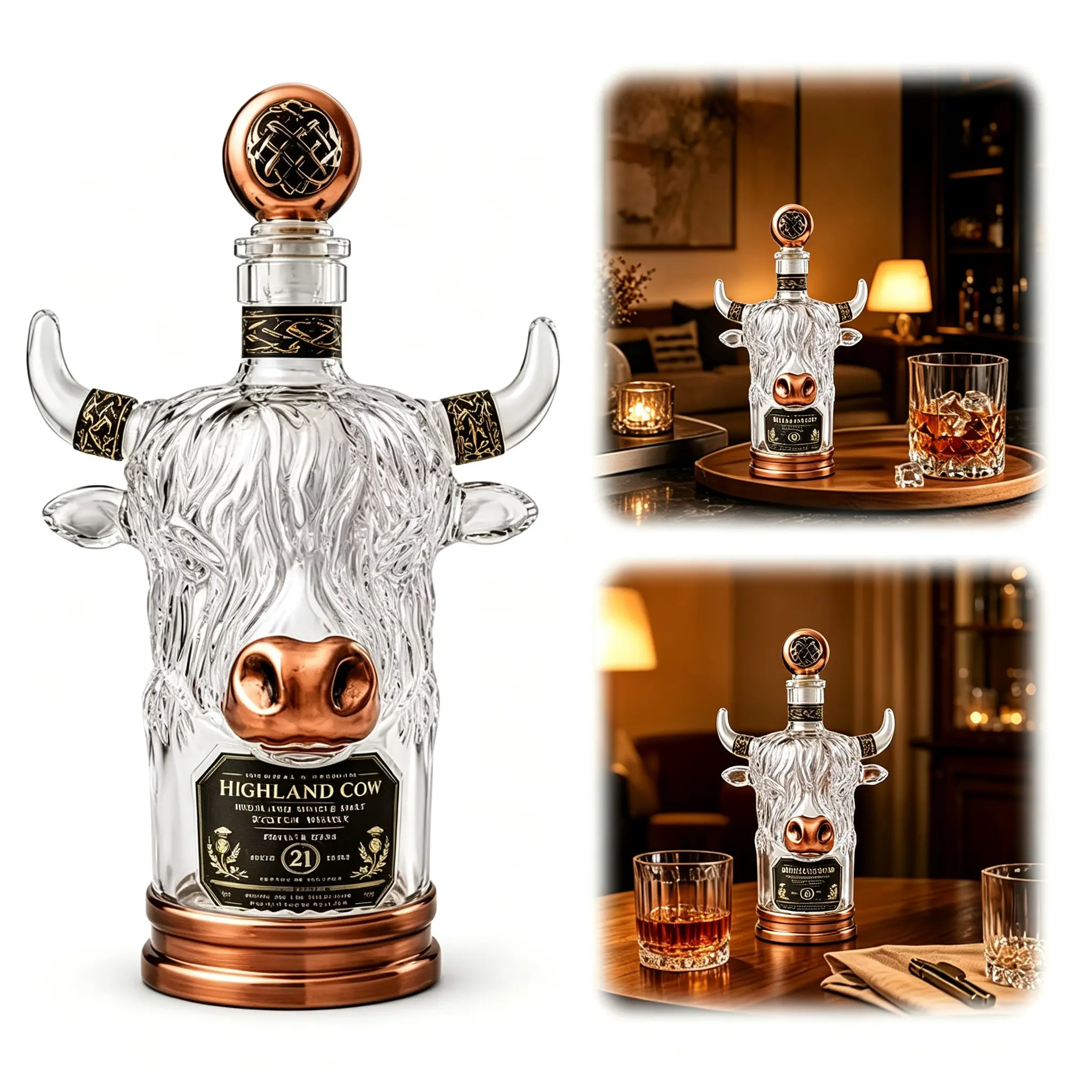 Highland Cow Head Shaped Whiskey Decanter, Vintage Embossed Glass Empty Wine Bottle With Metal Stopper, Commemorative Home Decor Statue For Whisky Lovers Bar Home Decor Gift