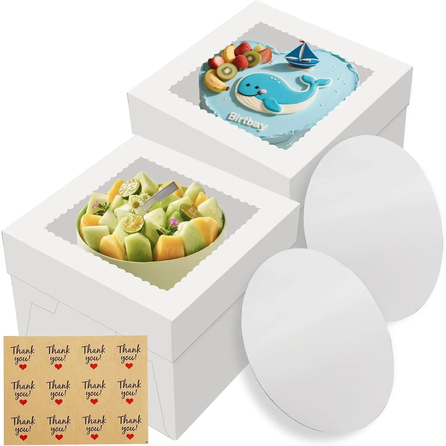 2 Pack Cake Boxes with Window, 12x12x8 Inches, for Wedding Birthday | White Tall Cake Box, with 2 Cake Boards, Large Window Top, Disposable Cakes Transport Containers with Lids, for Cookie, Pies