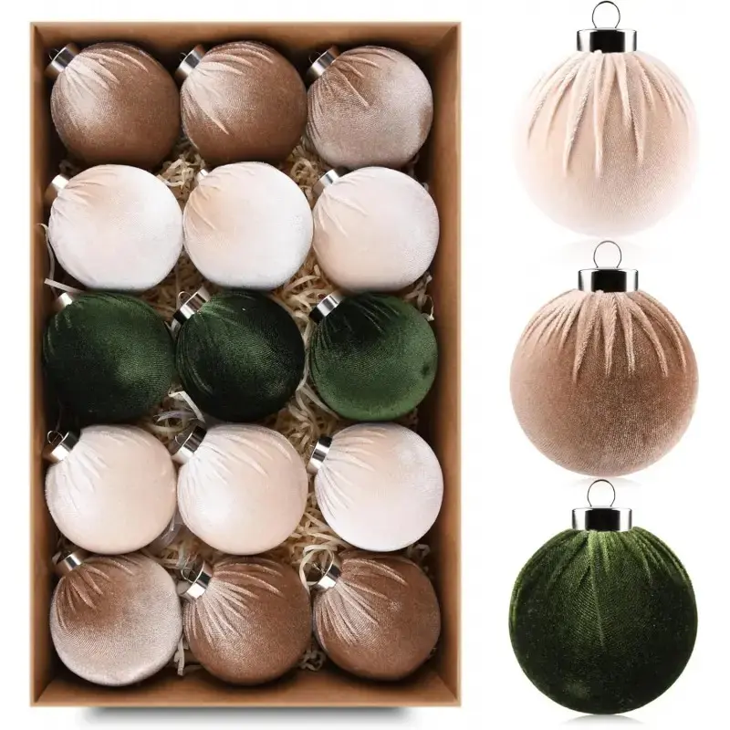 Christmas Tree Ornaments Velvet Balls - Pack of 12pcs Shatterproof Xmas Bulbs Decorations Set - Multicolor Green Brown Neutral, 80mm 3.15 inch Hanging Ornament Home Decor Ornament