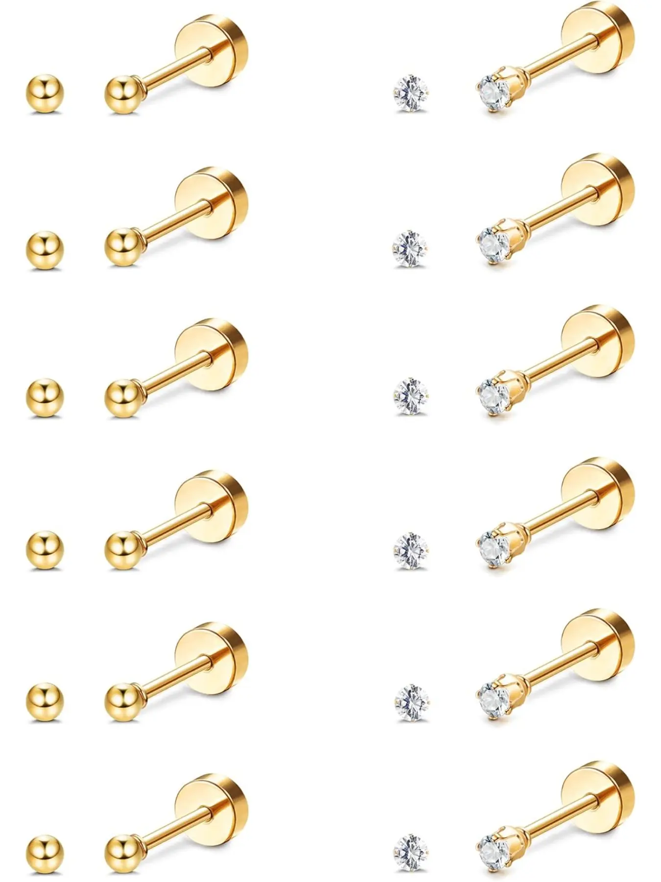 12 Pairs 20G Cartilage Earrings Stud for Women Men Stainless Steel Tiny 2mm & 3-8mm Studs CZ Round Ball Flatback Earring Stacking Set Dainty Earrings