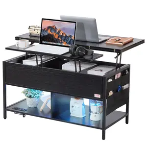 【DealsForYouDays】VEVOR Lift Top Coffee Table, 39.4 in Rectangle Coffee Table with Extra Storage Pockets, Flipable Coffee Table with Power Strip USB Ambient Lighting for Living Room, Black
