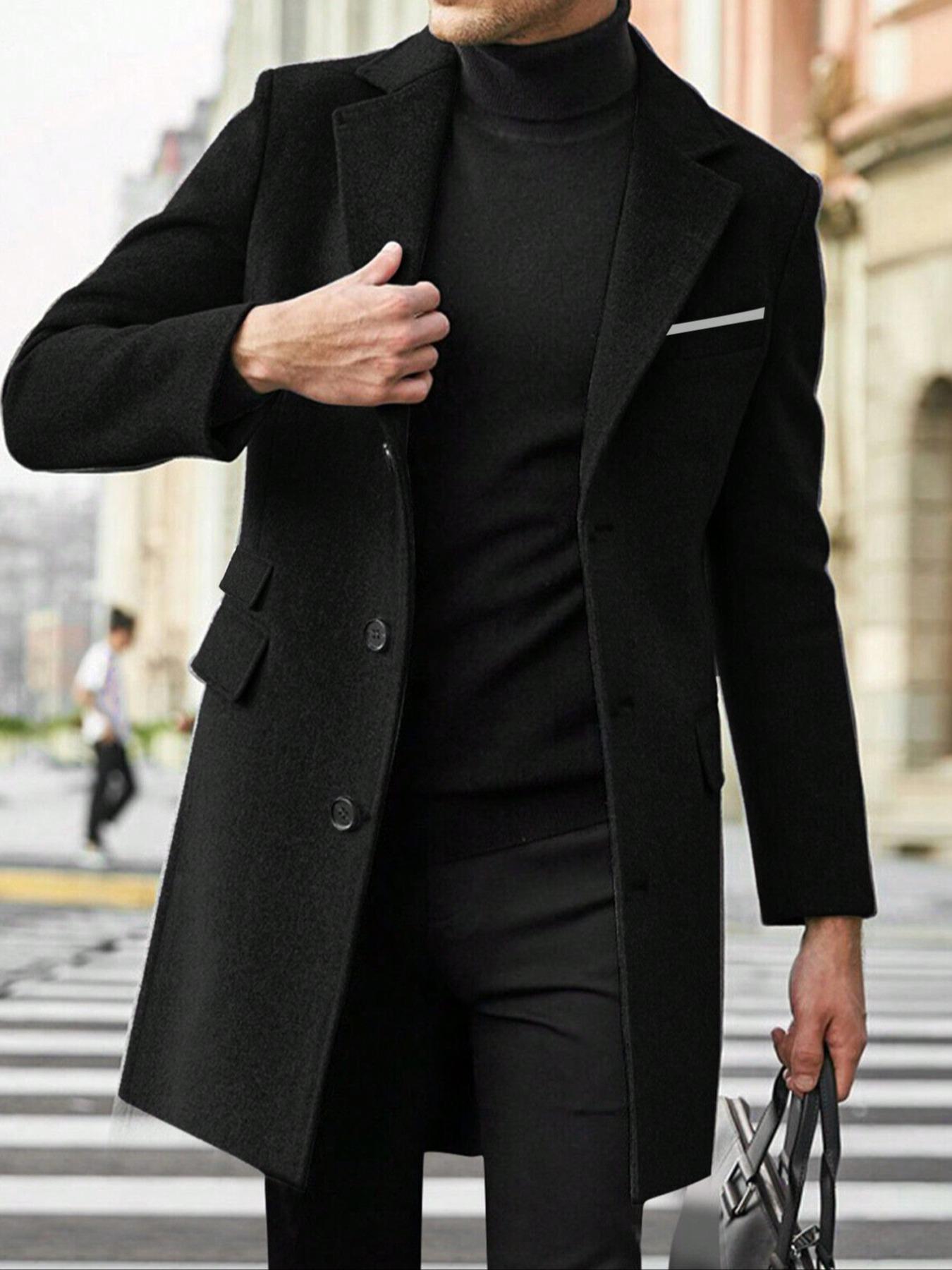 Men's Solid Color Button Front Lapel Neck Coat, Regular Fit Long Sleeve Pocket Outerwear for Fall & Winter, Winter Coats 2024, Men's Clothes for Daily Wear Winter Jacket
