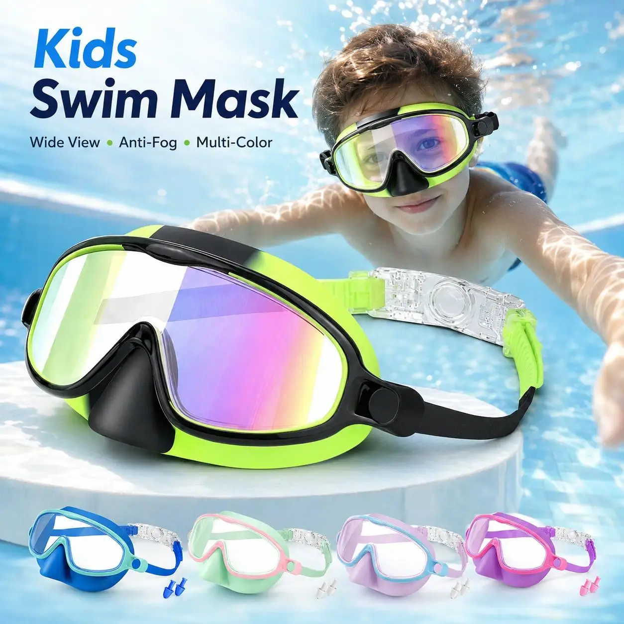 2-Pack Kids' Swim Masks, Toddler Swim Goggles for Ages 3-12, Wide View Anti-Fog Design with Soft Nose Cover & Earplugs, Leak-Proof Swimming Eyewear Set