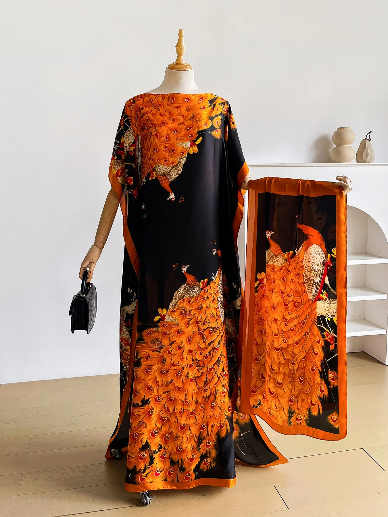 Elegant Silk Print Moo Moo Long Dress Set, Oversized Cape + Long Scarf, Women's Beach Sun Protection, Satin Fabric, Summer, Fashion