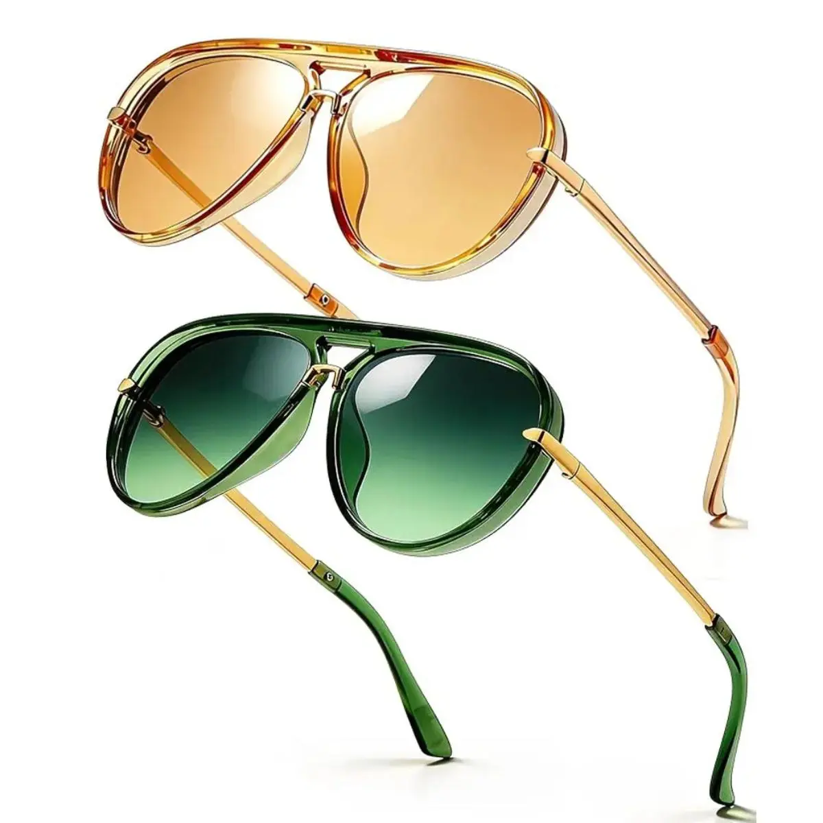 XUH Women's 2-Pack Oversized Aviator Sunglasses - Retro Gold Metal Frame, Tangle-Free Lightweight Female Eyewear, Stylish Accessories for Casual City Adventures, Glasses Trend Essential, Outdoor Fashion Sunglasses, Sunglass Aviators