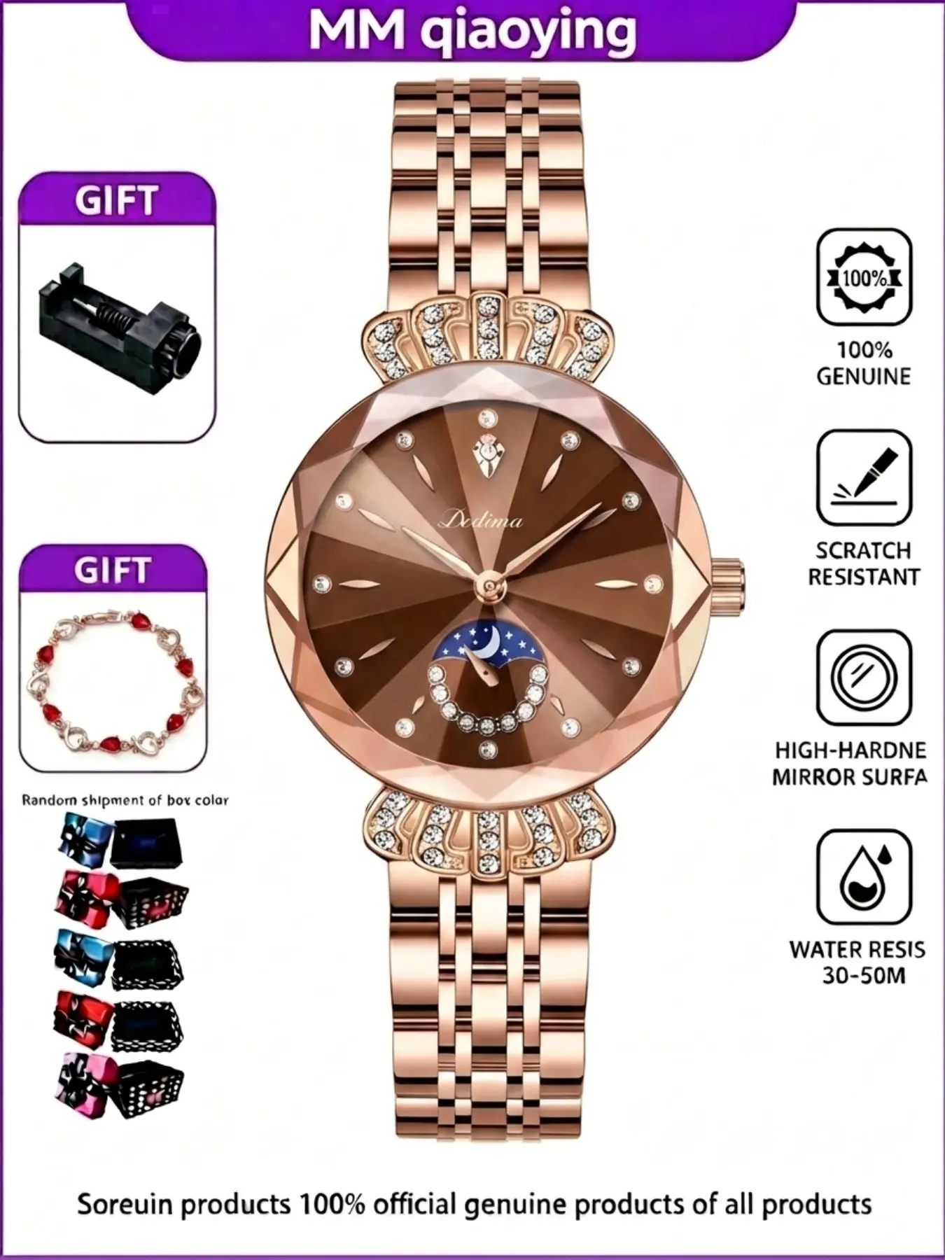 Women's Rose Gold Moon Phase Diamond Dial Watch, High-End Business Casual Fashion Timepiece, Elegant Ladies Wristwatch