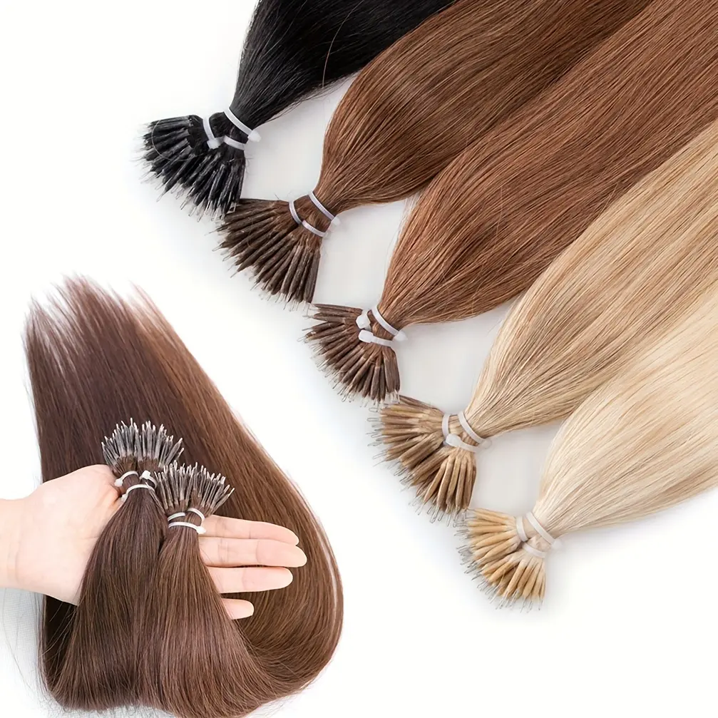 50Pcs Per‑Pack Nano‑Ring Real Human Hair Extensions for Women, 12‑20 Inch Soft‑End Hair Pieces in Natural Black, Light Brown, Dark Brown & Blonde Shades, Easy‑to‑Use Secure Nano‑Bead Design for Seamless Daily‑Wear Volume & Length Hairstyle Upgrades