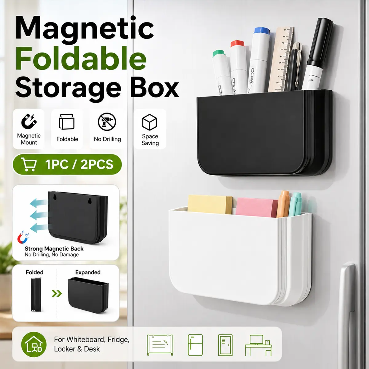 Magnetic Foldable Pen Holder, 3-Level Adjustable Depth Dry Erase Marker Pencil Organizer with Strong Magnet, No-Drilling Space Saving Remote Control Storage Box, Office Accessories, for Office Whiteboard, Desk and School Supplies