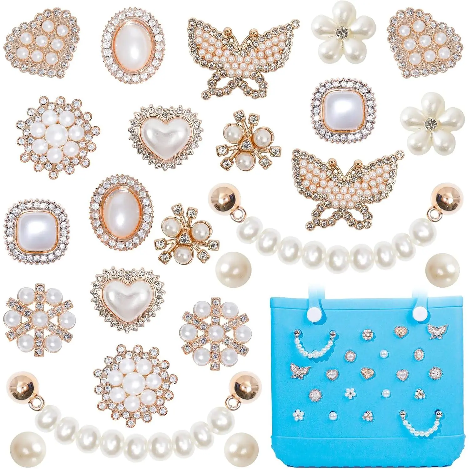24 Pcs Beach Charms for Bogg Bag, DIY Accessories Flower Love Pearl Chain Charm Cute Decoration Bag Charms for Bogg Bags Rubber Tote Beach Bags for Women