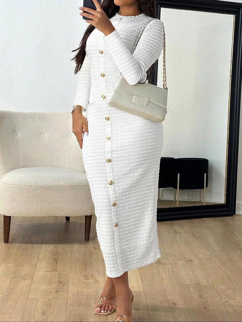 Elegant Casual Long Sleeve Maxi Dress for Women, Thin Knitted Fabric Perfect for All Seasons, Fitted Plain Design for Stylish Comfort