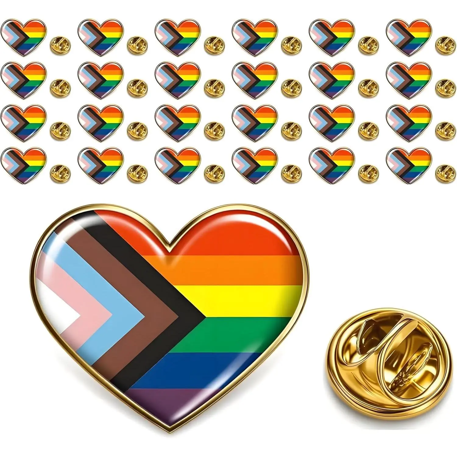 25/50/100 Pieces Metal Heart Inclusive Progress Pride Lapel Pins, Rainbow LGBTQ Gay Flag Pins for Clothing, Backpack, Hat, Pride Month Decoration, Bulk Gift(Gift)