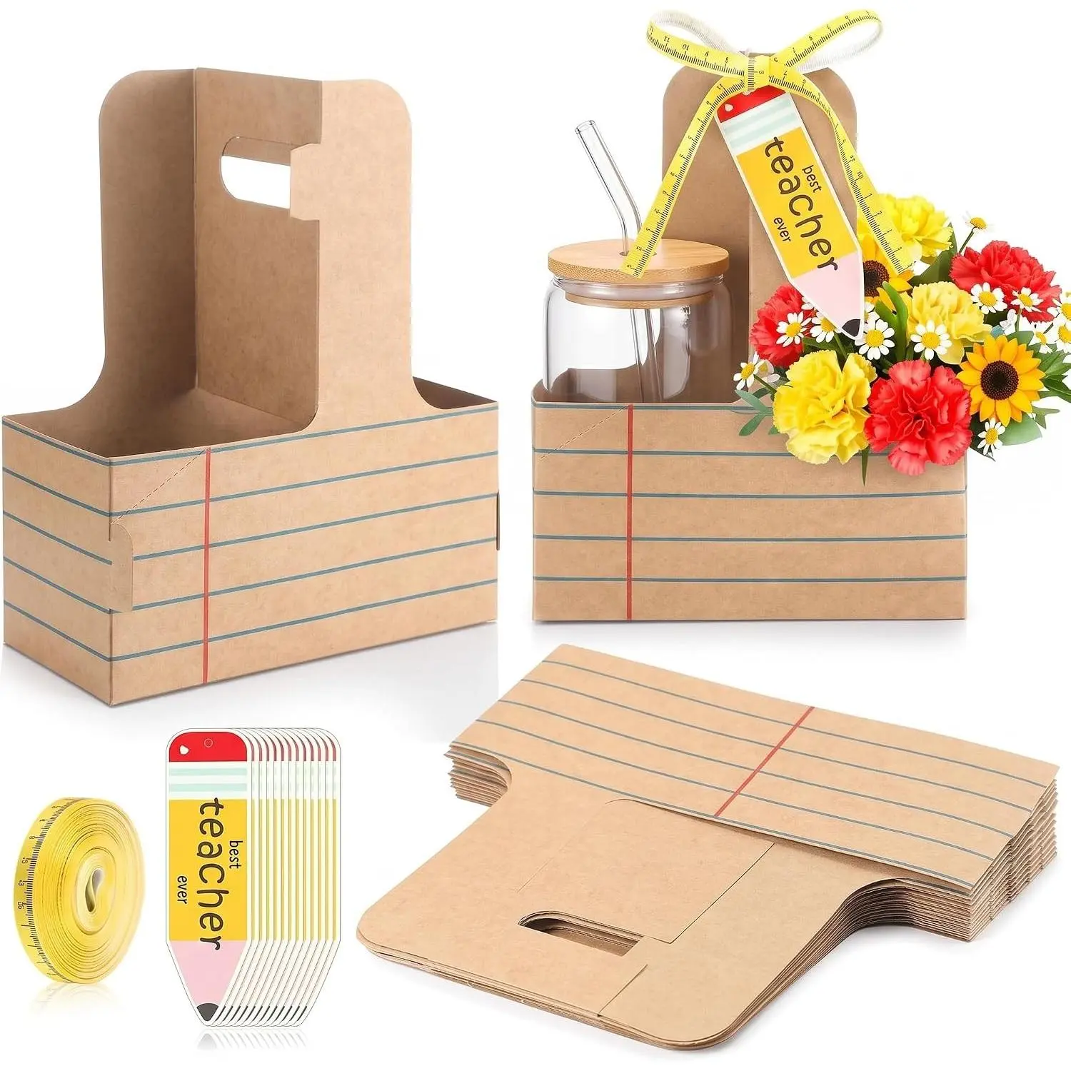 24 Set Back to School Teacher Gifts Bulk 2 Cup Drink Carrier | Teacher Appreciation Gifts with Greeting Card, Kraft Cardboard Coffee Caddy Carrier Flower Holder for Classroom Party Favors