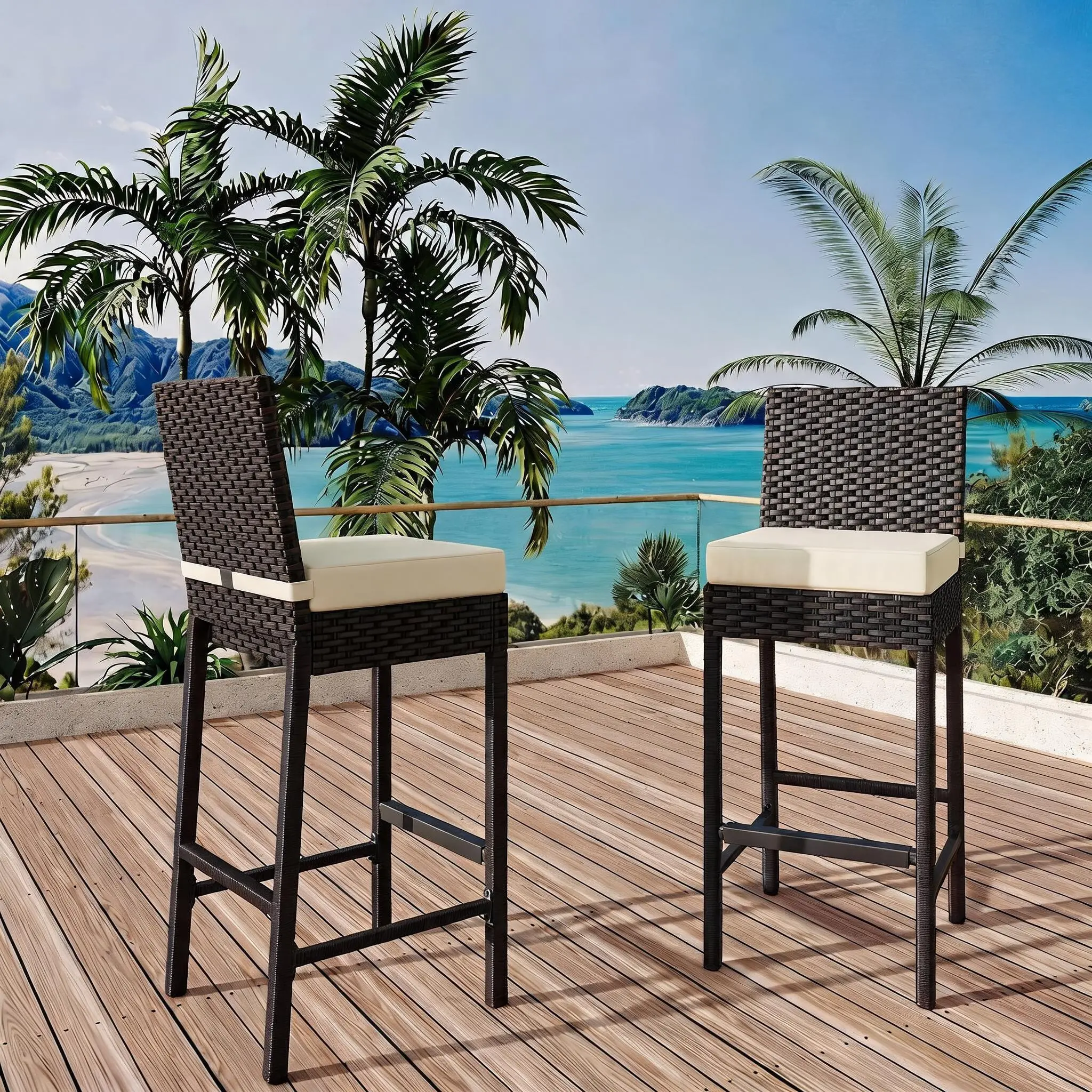 Outdoor Wicker Barstools Set of 2 – Rattan Patio Bar Stools for Backyard