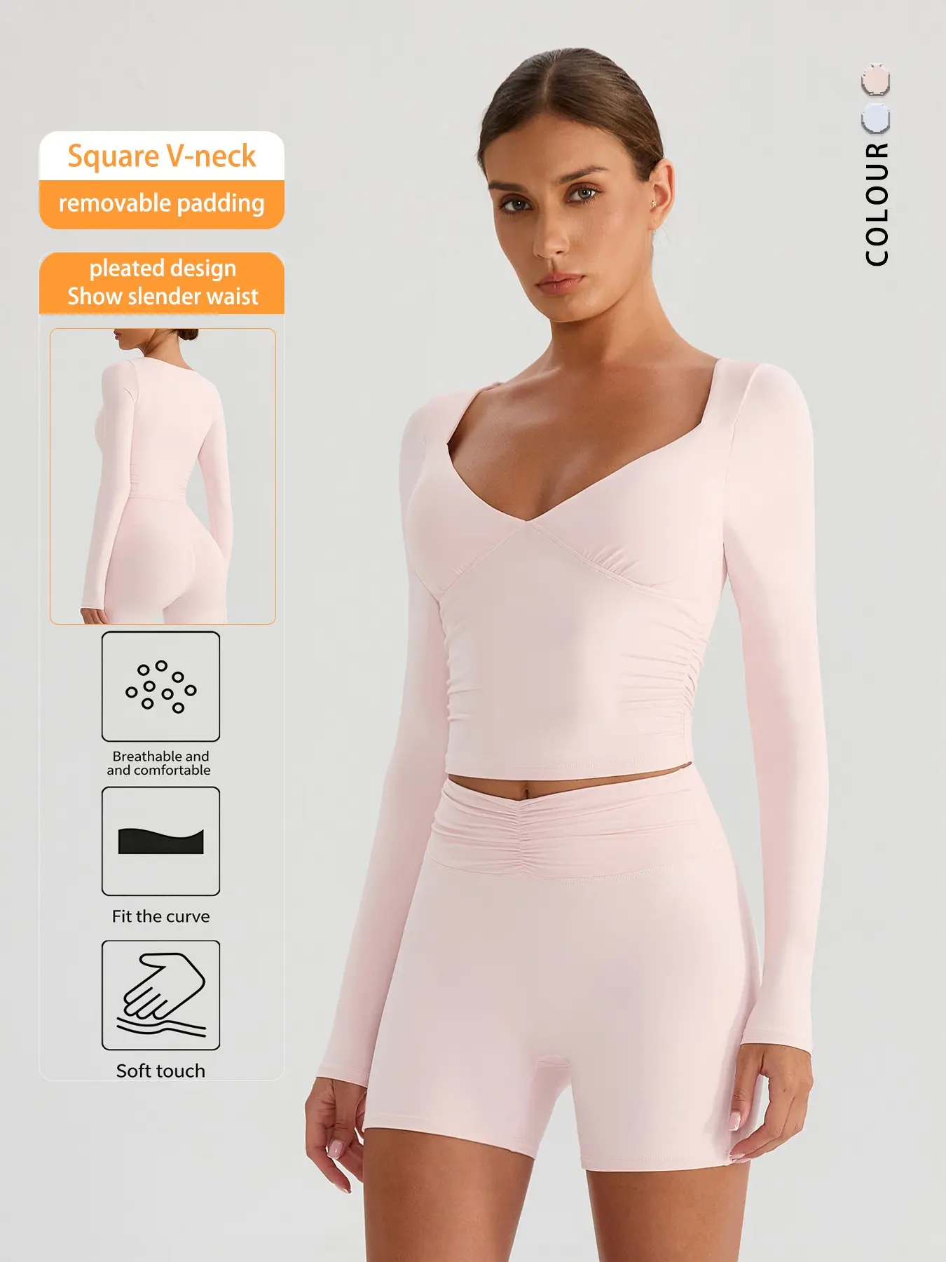 Heart V-Neck Long Sleeve Yoga Top, Side Waist Ruched Design, High Stretch Breathable Sweatproof Running Tennis Casual Workout Shirt, Athletic Fitness Top