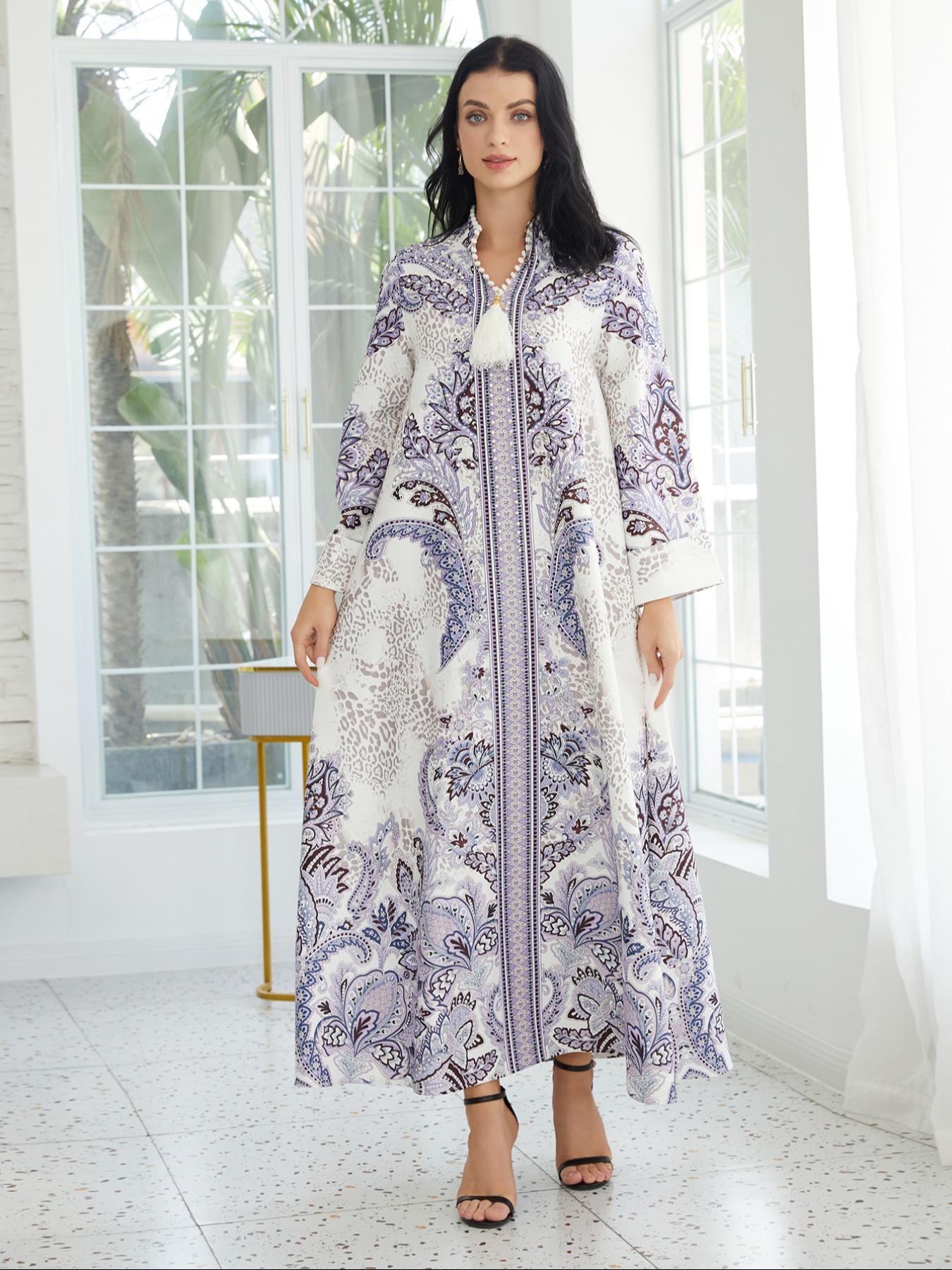 Women's V Neck Long Dress, All-Season Loose Fit A-Line Jalabiya, Long Sleeve, Soft 75D Stretch Fabric, Elegant Arabic Clothing