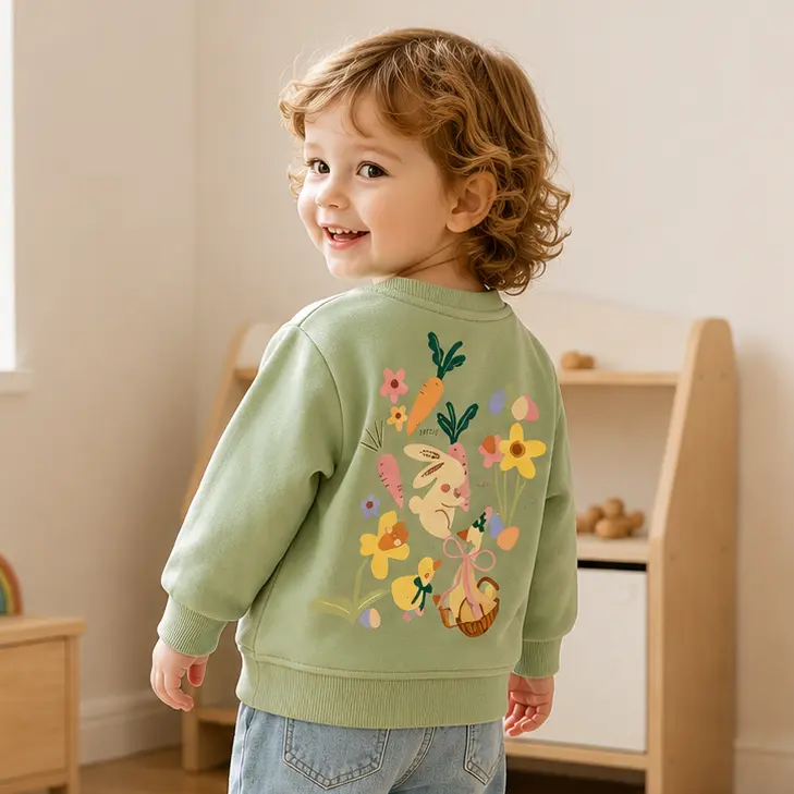(Please Check Size Chart) Toddler Girls Bunny Garden Graphic Crew Neck Sweatshirt, Cute Floral-Carrot & Easter Egg Back Print Casual Long Sleeve Top for Spring, School Playdates, Daily Wear