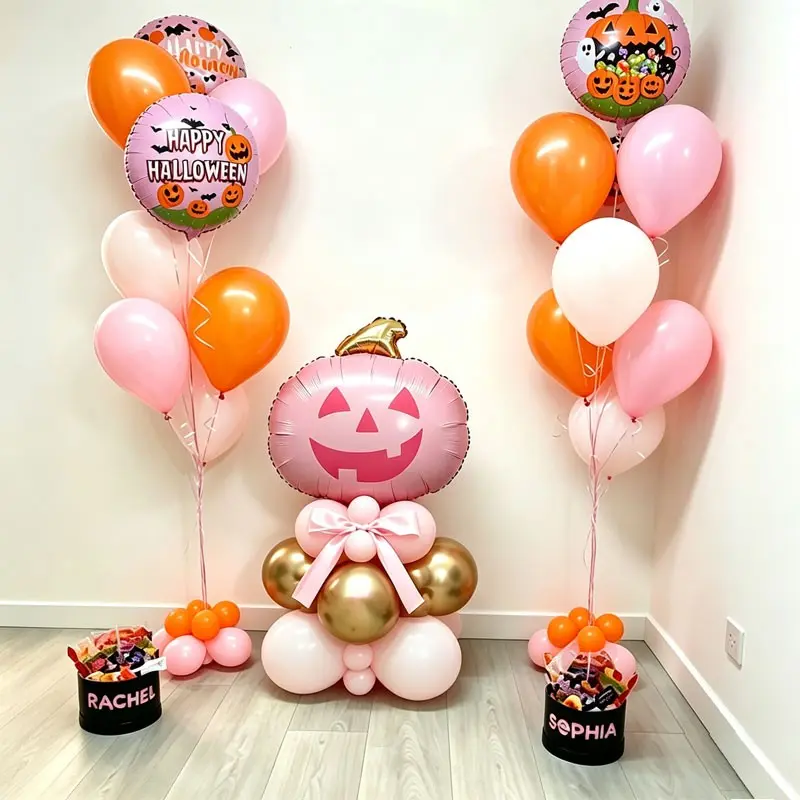 25Piece/49Piece Pink Orange Sweet Themed Halloween Column Balloon Set，Featuring pink pumpkin balloons，Halloween Printed Round Ball，Suitable Halloween Party Decor, Indoor Outdoor, Trick-Or-Treat,Bestie Halloween Mini Party。