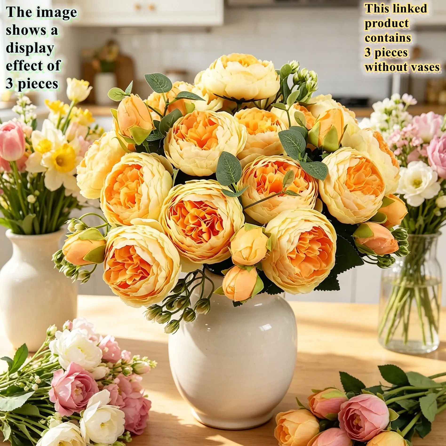 5pcs artificial flower Yellow Peony, UV resistant and realistic, suitable for party and home, wedding, garden, hotel, office and indoor and outdoor use, DIY in autumn and winter, anniversary, birthday, Thanksgiving, Halloween other holiday decorations