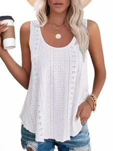 Women's Sleeveless Tank Top, Eyelet Embroidery Scoop Neck, Loose Fit Casual Summer Wear, Flowy Design for Comfortable Style