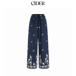 Cider Floral Embroidery Mid Rise Wide Leg Trousers