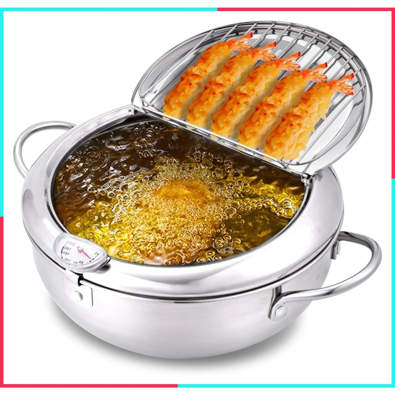 304 Stainless Steel Japanese Tempura Deep Fryer Pot with Oil Drain, Temperature Control and Lid, 9.4 Inch - Works on Stove and Induction Cooker for French Fries, Chicken