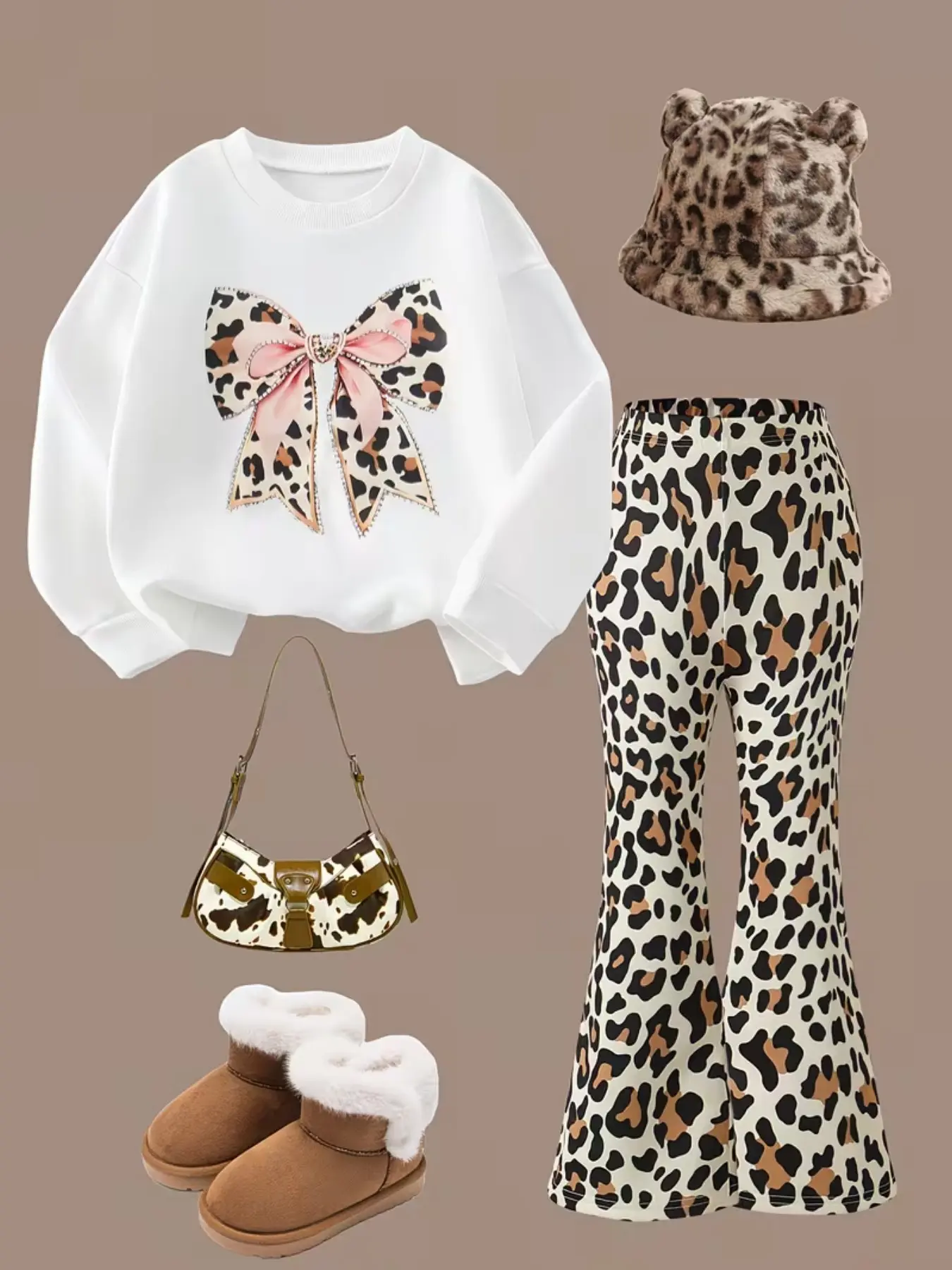 2pcs Girls' Fashion Y2K Round Neck Long Sleeve Leopard Print Bow Sweatshirt + Leopard Print Bell Pants Set, Sporty Spring & Fall