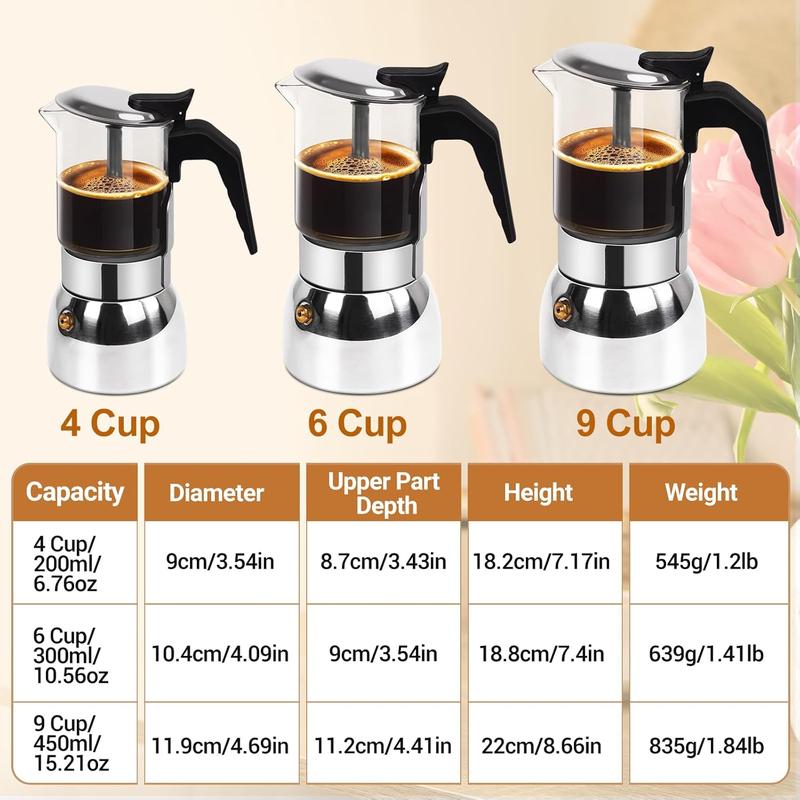6 Cup Glass Clear Moka Pot Thickened 304 Stainless Steel Stovetop Espresso Maker Italian Coffee Machine 300ml 10.6oz Classic Mocha Cafe Greca Coffee Suitable for Gas Induction 6 Cup Glass Clear Moka Pot Thickened 304 Stainless Steel Stovetop Espresso Maker Italian Coffee Machine 300ml 10.6oz Classic Mocha Cafe Greca Coffee Suitable for Gas Induction