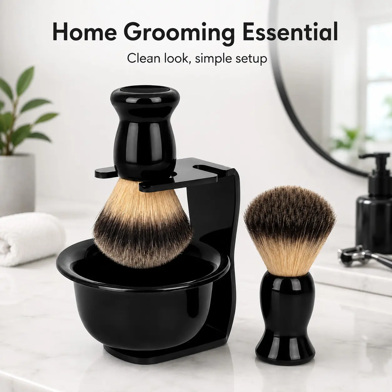 3-Piece Stainless Steel Shaving Brush Set with Bowl & Stand, Soft Dense Bristles for Rich Silky Lather, Easy to Clean Wet Shaving Kit for Men