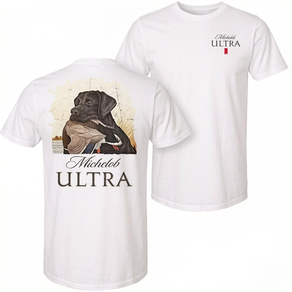 Michelob Ultra – Mallard and Dog T-Shirt – 2-Sided Design – Versatile Unisex Casual Wear – Cool Graphic Tee for Men – Menswear – Gift for Beer Lovers and Michelob Ultra Fans Round Neck Classic Clothes Cotton Fabric Soft -- fleece