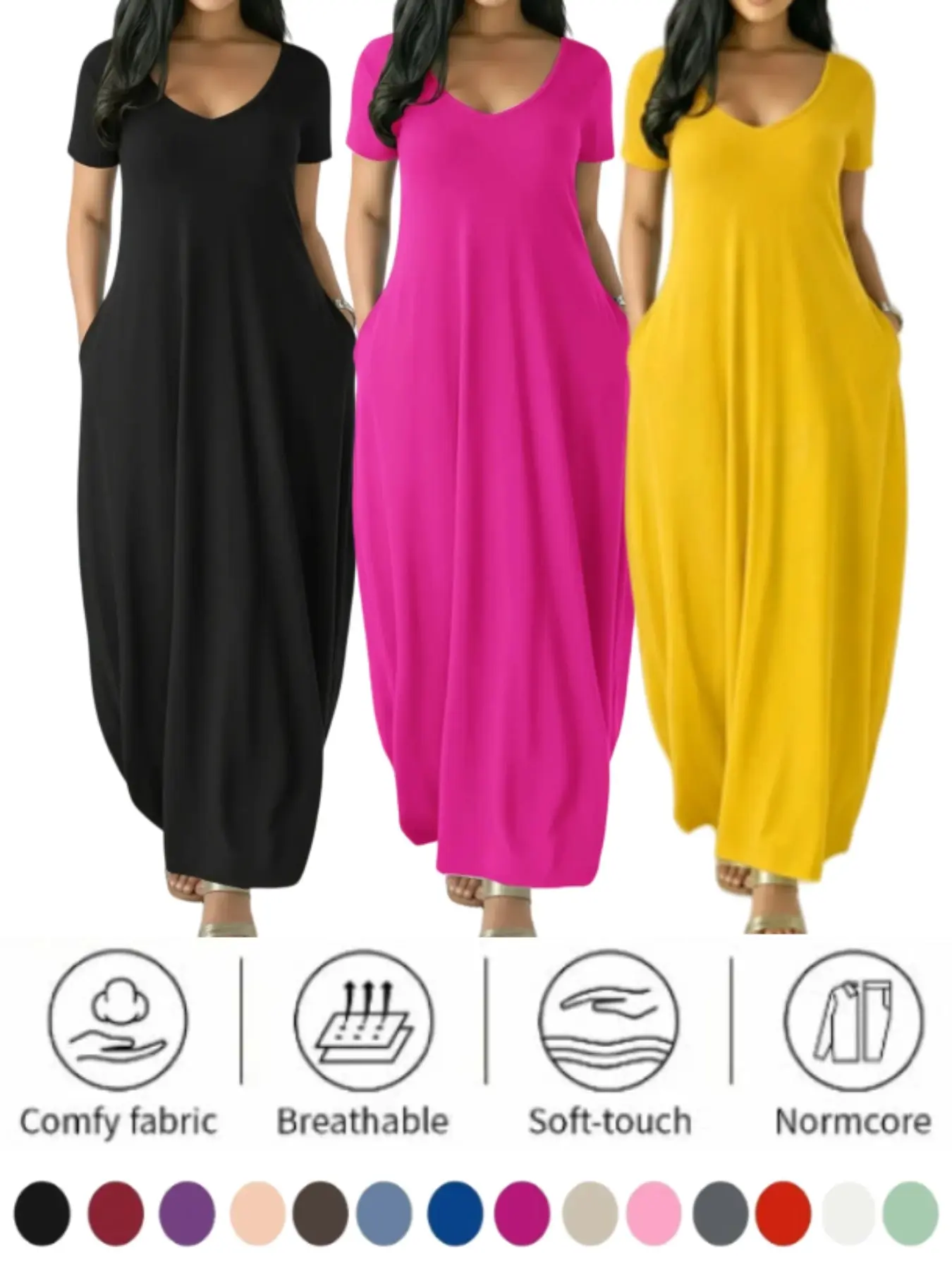 2026 Women's Long Nightgown, Coffee Color, Casual Round Neck, Short Sleeve, Pocket Sleepwear, Loose, Soft & Comfortable, All-Season Loungewear