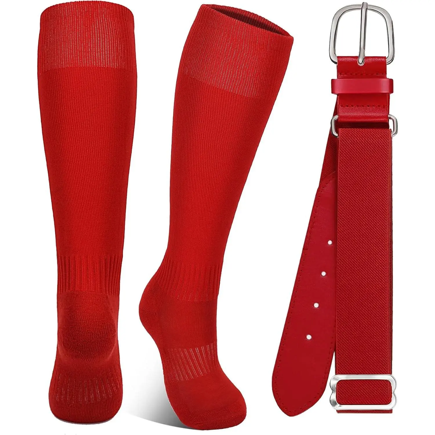 Red Baseball Socks and Softball Belts Combo Adjustable Elastic Men's Baseball Belt Moisture-Wicking for Youth Medium