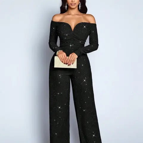 Women's High-Waisted Fitted Jumpsuit, Belted Long Sleeve X-Type Design, Spring & Fall Contemporary Style, Plain Pattern Unlined, Evening