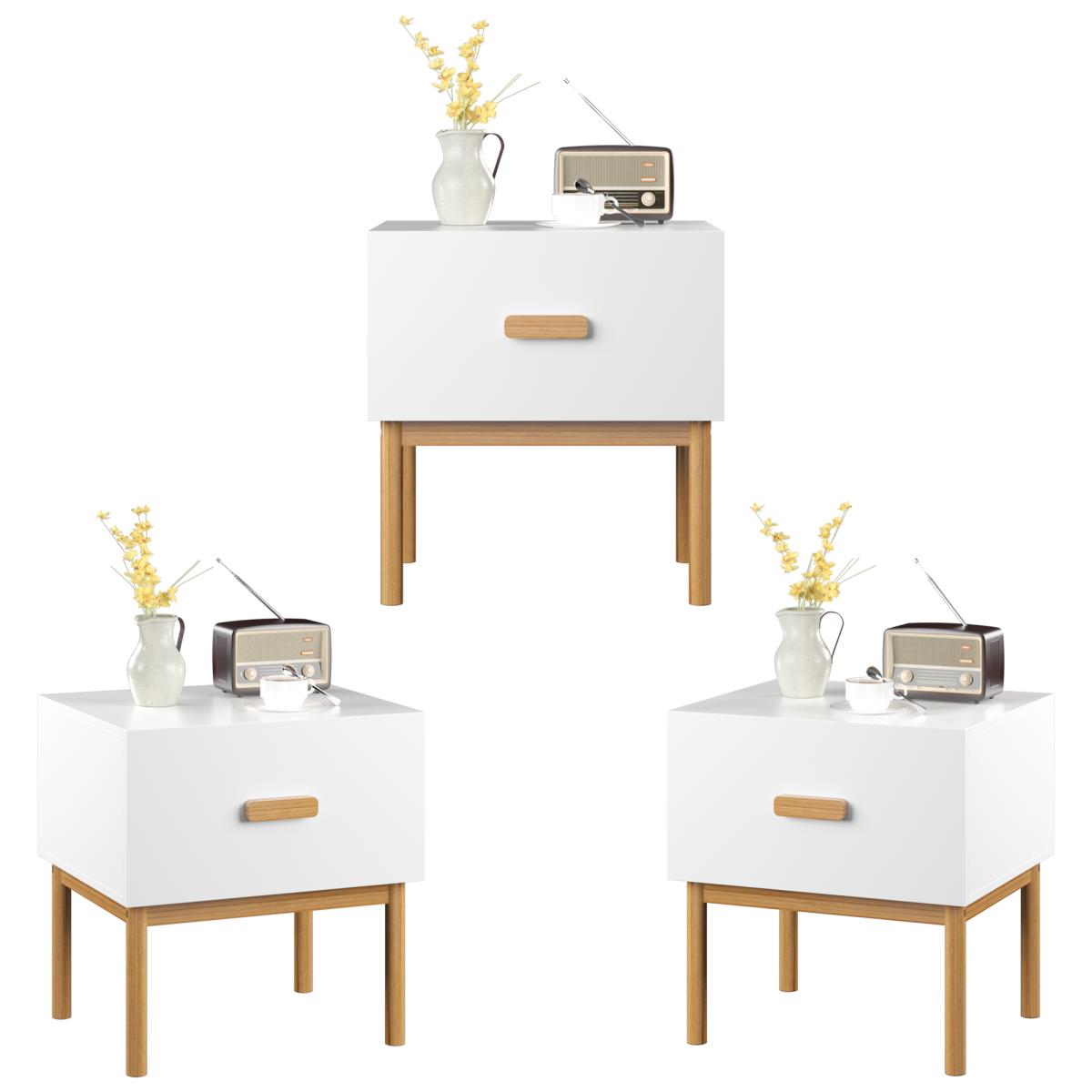 Modern White Nightstand with Drawer and Wood Legs, Minimalist Bedside Table with Handle for Bedroom, Living Room, Apartment