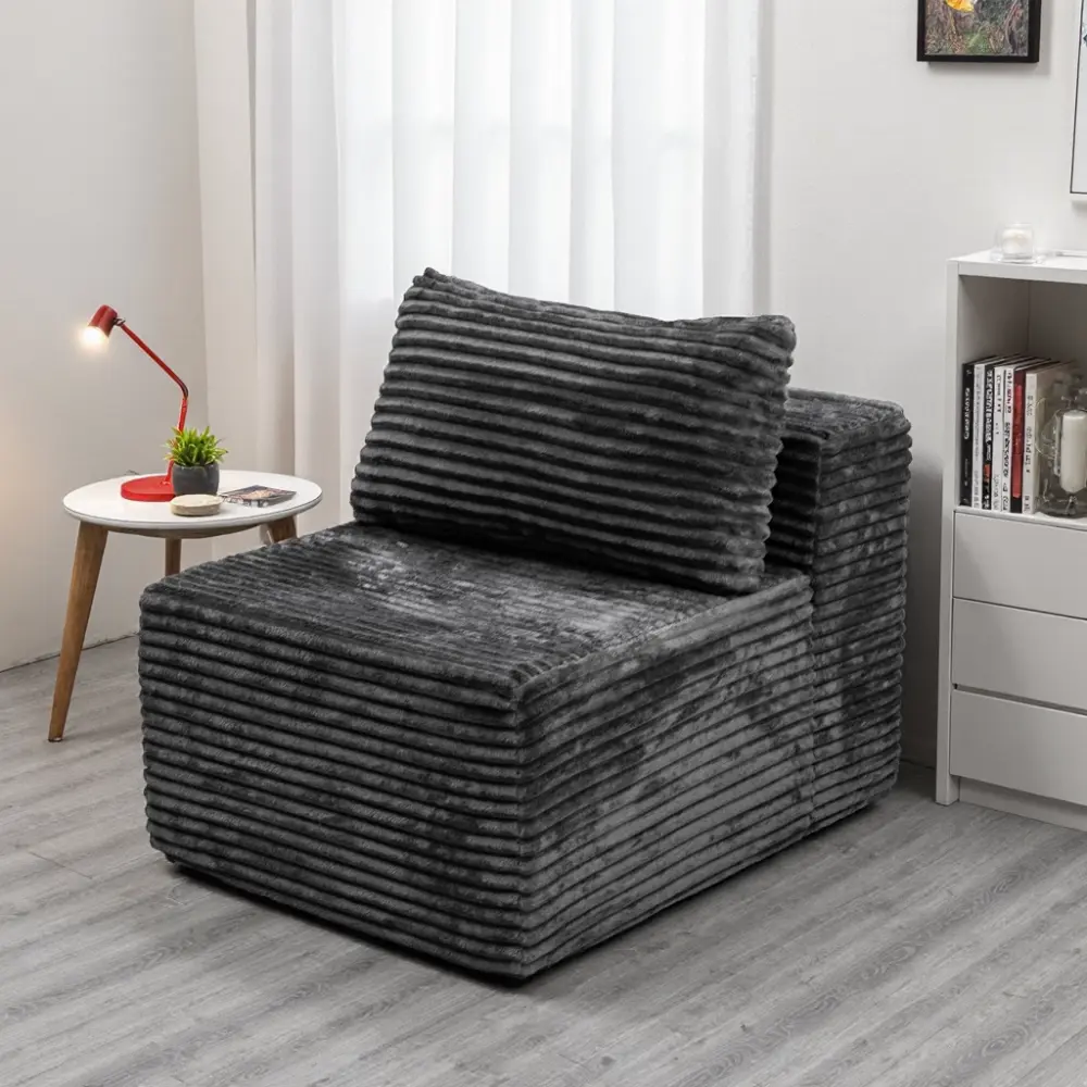 Dark Grey Vertical Striped Plush Corduroy Modular Cube Sofa Chair, Oversized Square Single Block Armchair with Back Cushion, Soft Fluffy Free Combination Convertible Sectional Module Couch for Living Room, Bedroom, Apartment, Dorm & Small Space Home Decor