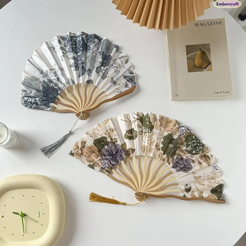 Chinese Folding Hand Fan for Women, Bamboo Silk Fabric Fan, Elegant Lightweight Handheld Fan for Dance, Performance, Party, Wedding, Home Decor & Gift Display