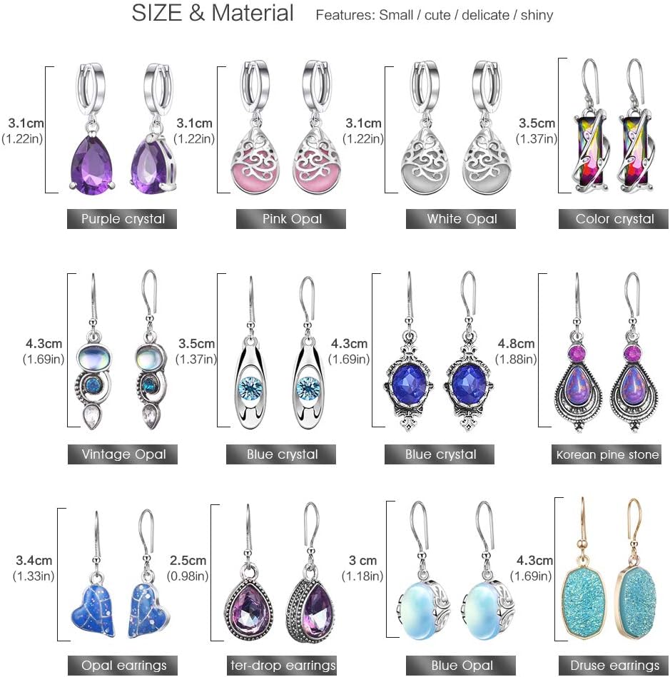 12 Pairs Teardrop Druse Crystal Drop Dangle Earrings for Women Cubic Zirconia Huggie Hoop Earring Jewelry Set Christmas Gifts
